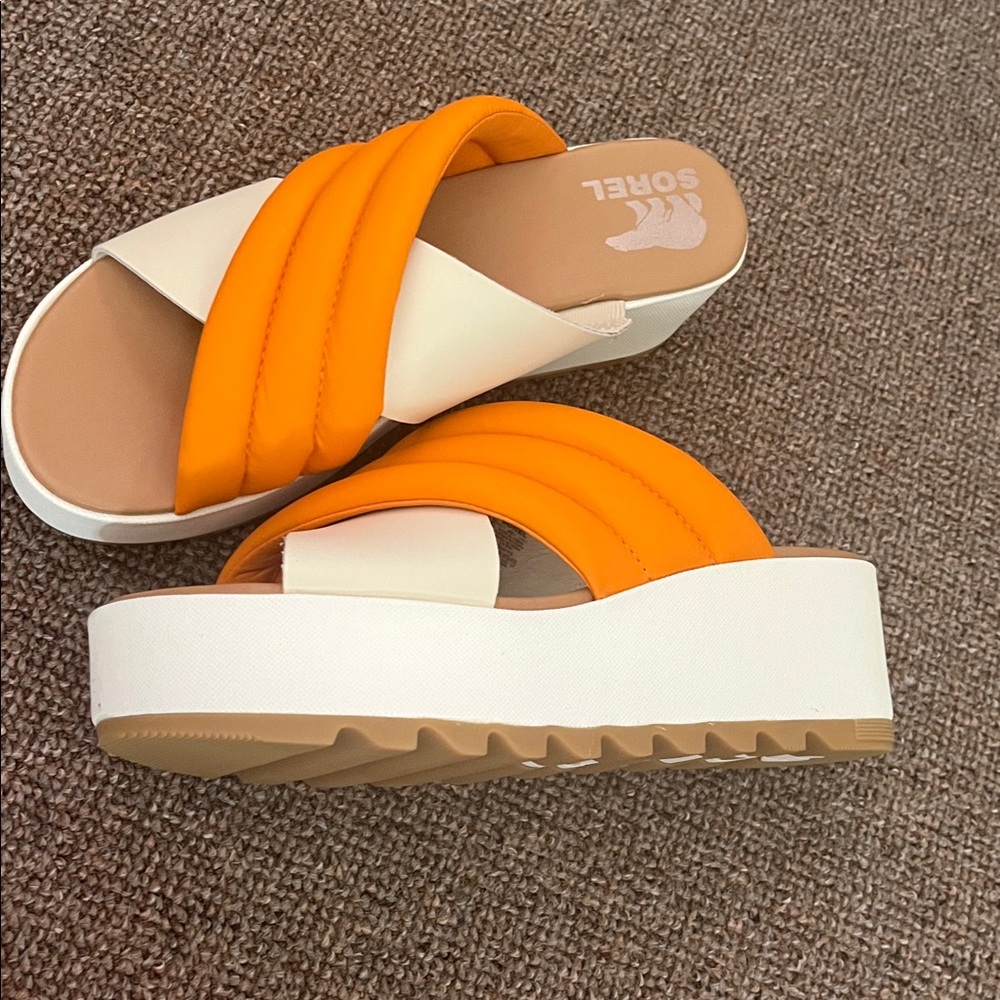 Sorel Vibrant Orange and White Platform Sandals